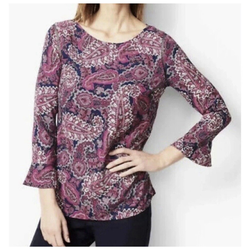 Talbots Pink Purple Paisley Tulip 3/4 Sleeve Blouse Top Petite Medium MP
